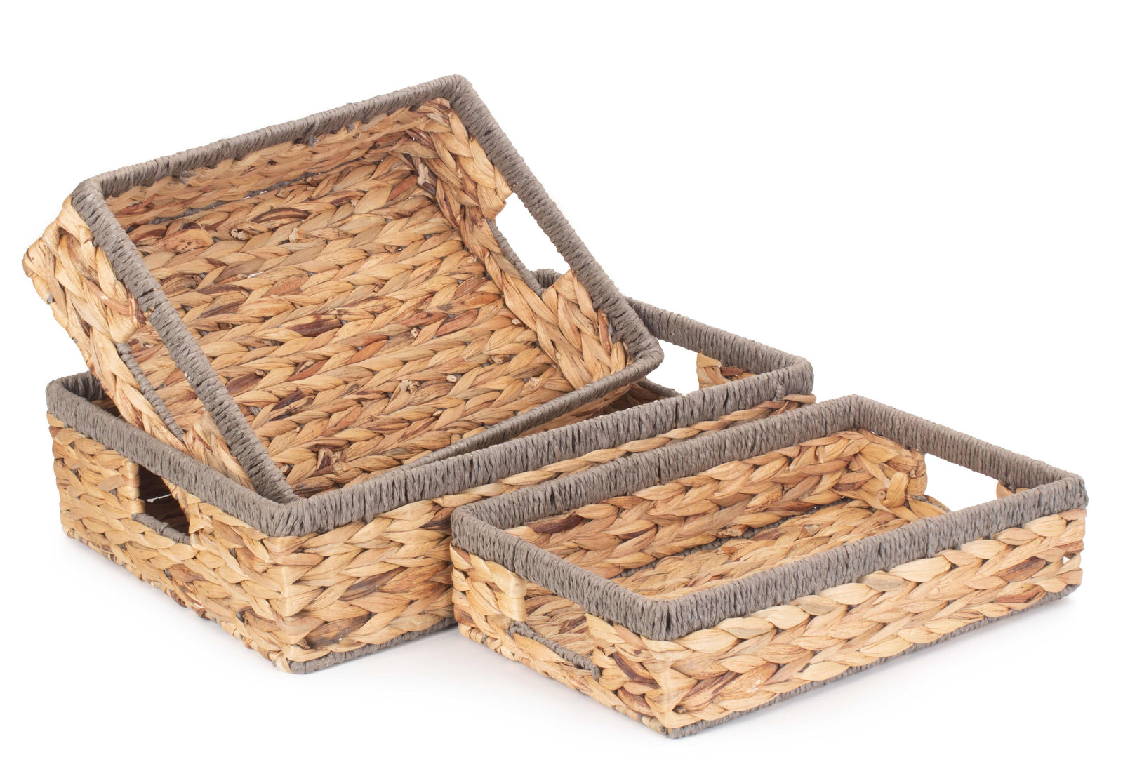 Shallow Rectangular Water Hyacinth With Grey Rope Border Storage Basket | Set-of-3 | Brown