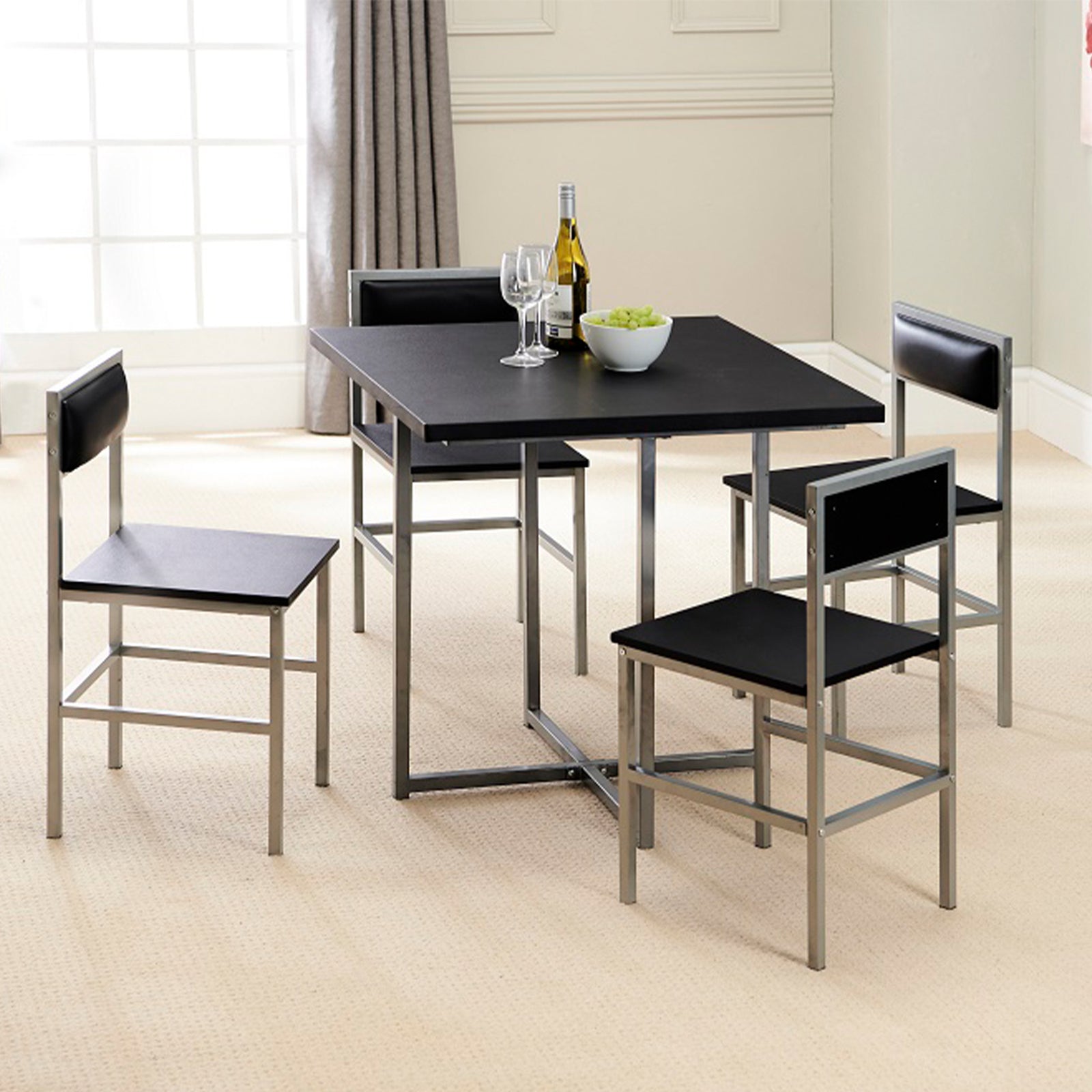 Greenhurst 4 Seater Compact Dining Set Black With Silver Frame, Space Saving