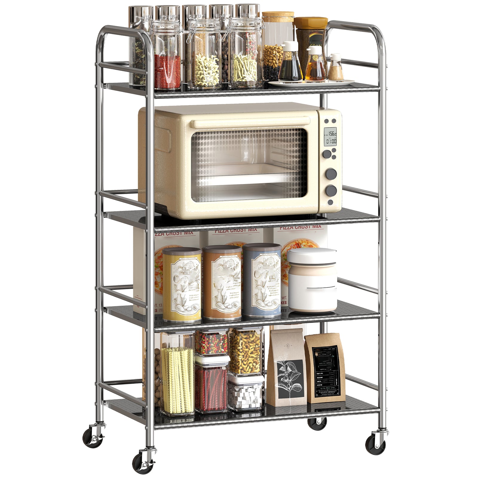 4 Tier Kitchen Trolley On Wheels Serving Cart With Handles Silver
