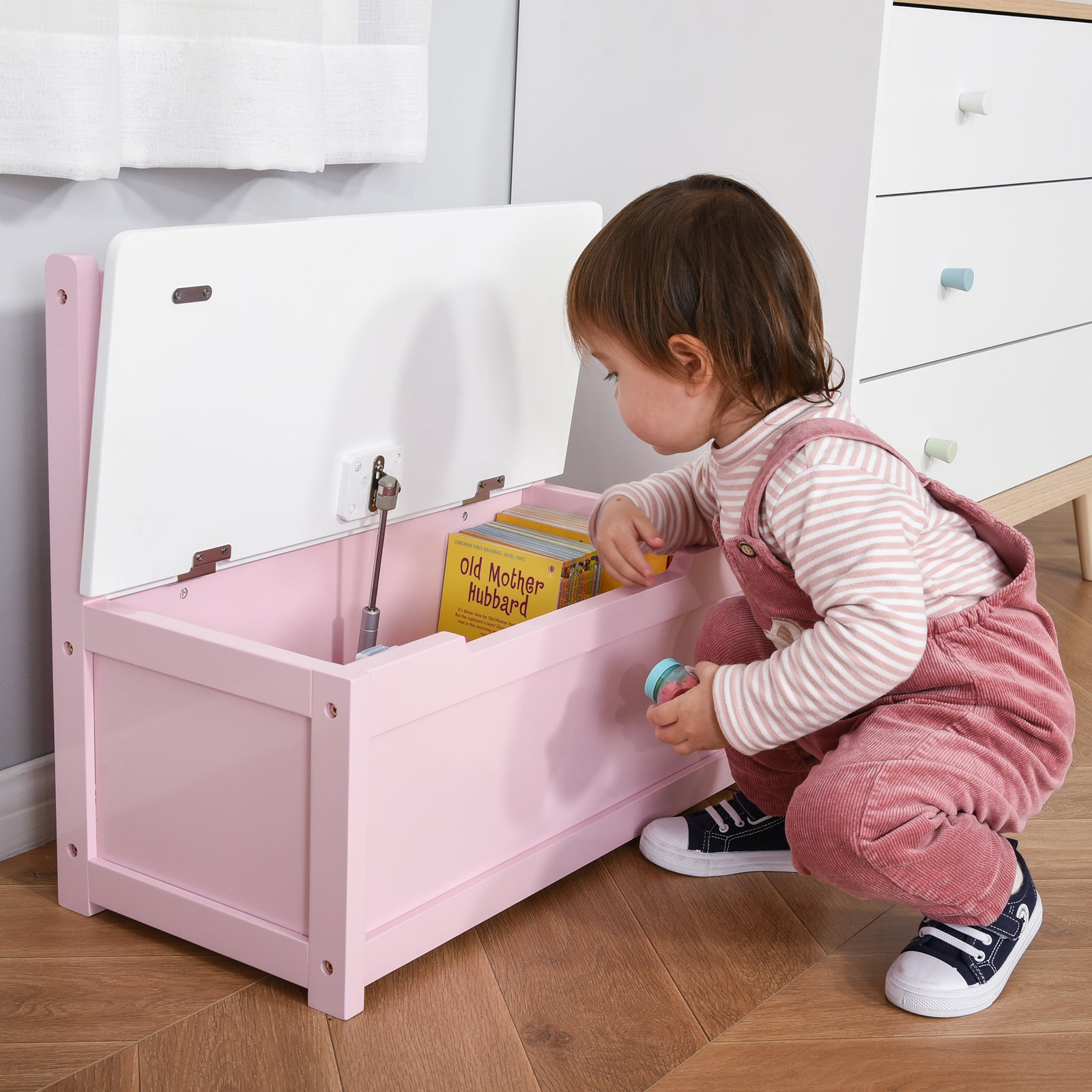2 In 1 Wooden Toy Box, Seat Bench Storage Chest W/ Pneumatic Rod | Pink