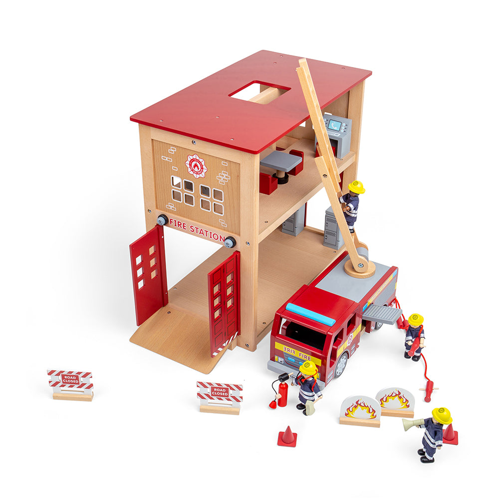 Tidlo Wooden Fire Station Bundle, Includes Fire Engine & 4 Figures