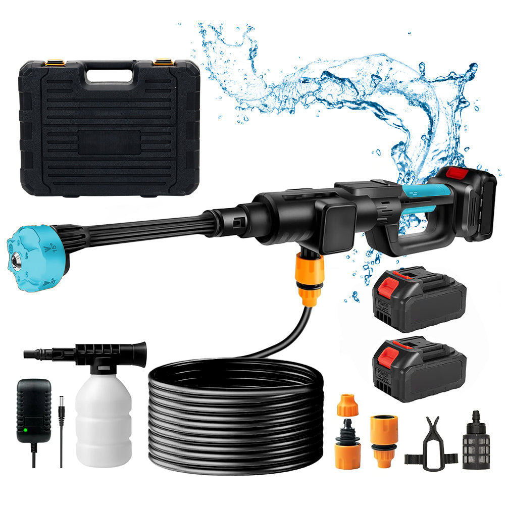 21v Cordless Handheld Pressure Washer With 2 Batteries, 5m Hose, 6-in-1 Nozzle & Foam Cannon, Portable Car And Garden Cleaner | Black & Blue