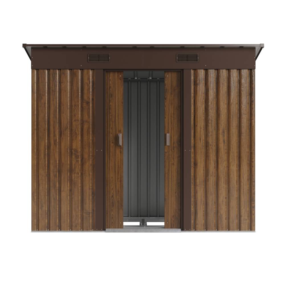 6x4ft/8x4ft 3d Brown Wood Grain Outdoor Metal Storage Shed With Foundation, Double Sliding Doors, 2 Air Vents & Pent Roof, Lockable Garden Tool Shed | 8x4ft