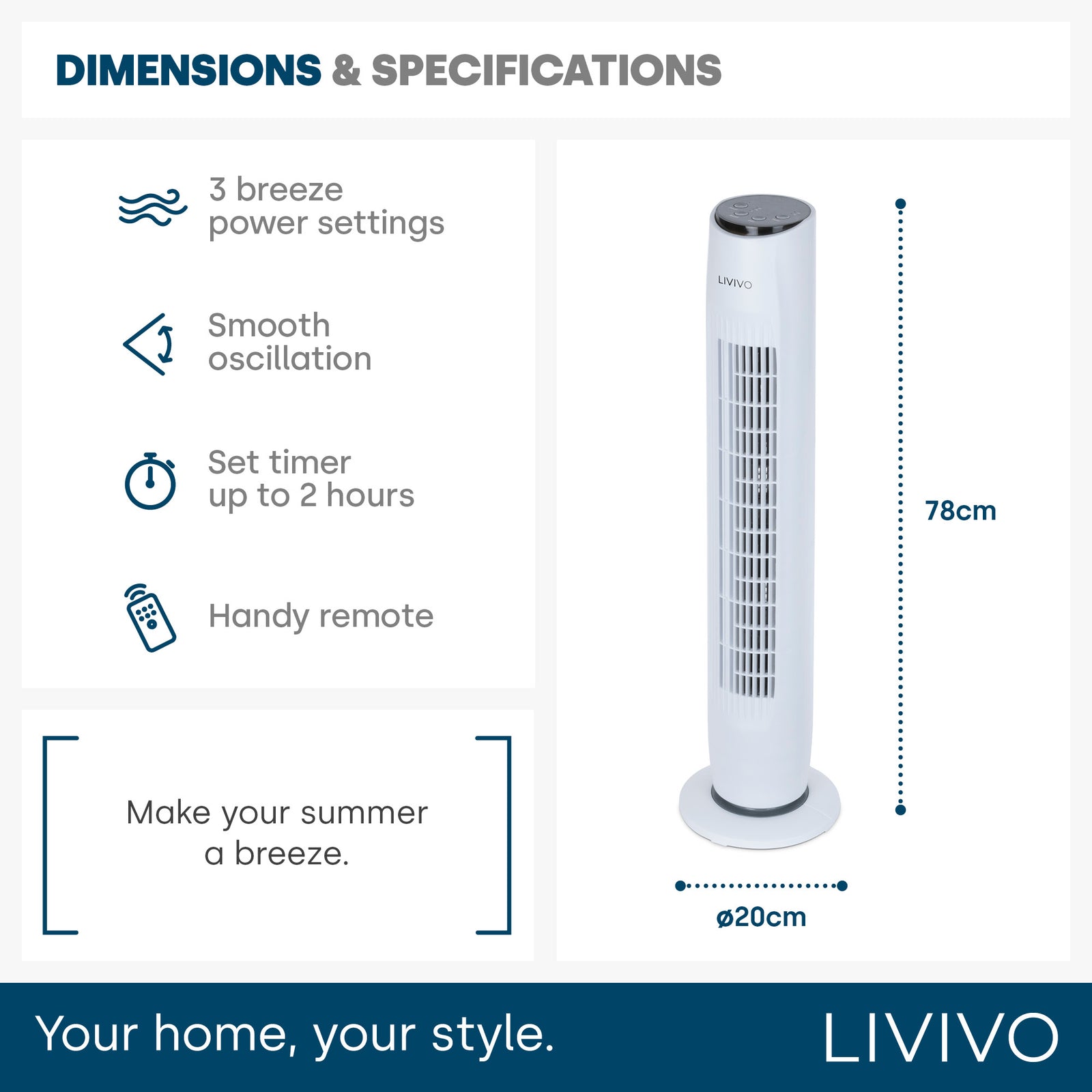 Livivo 32" Tower Fan - White