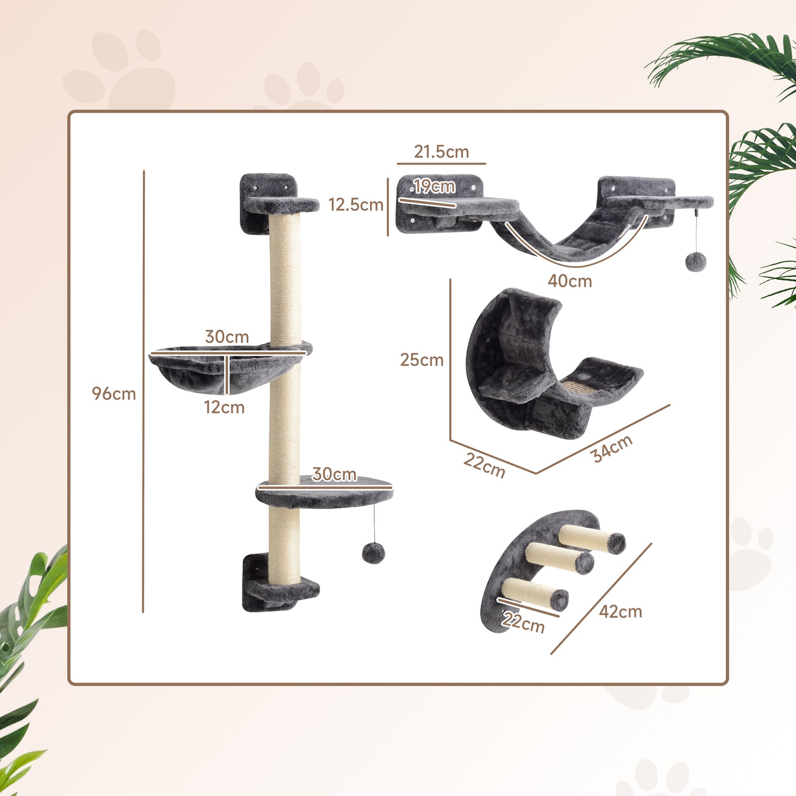 4-piece Cat Wall Furniture W/ Hammock, Ladder, Platforms - Dark Grey | Dark Grey
