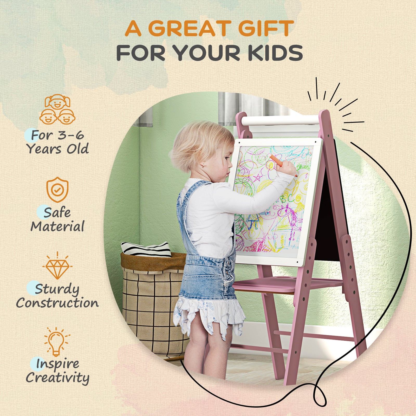 3 In 1 Easel For Kids, With Paper Roll, Adjustable Height | Pink