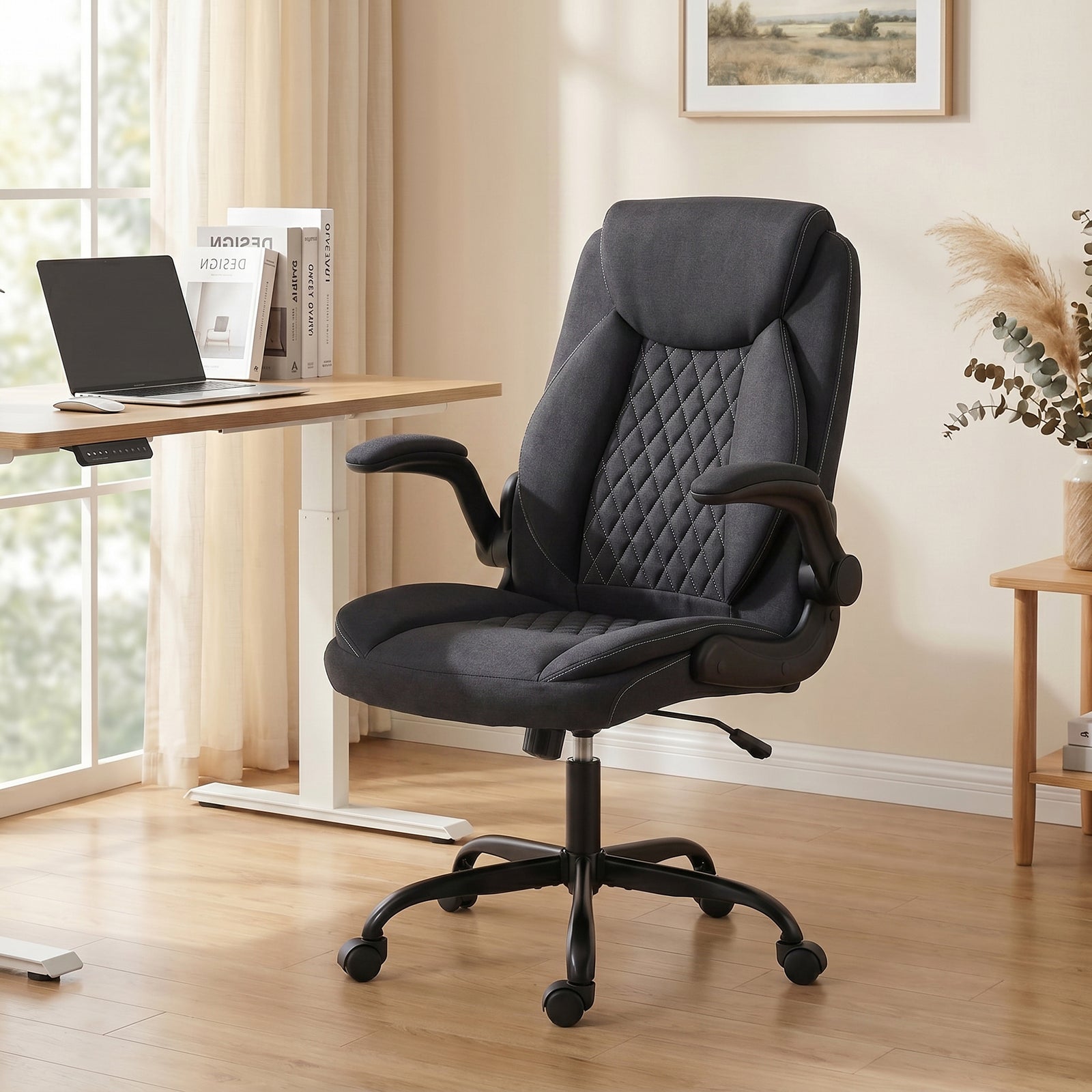 Linen-look Computer Desk Chair With Thick Cushion | Black
