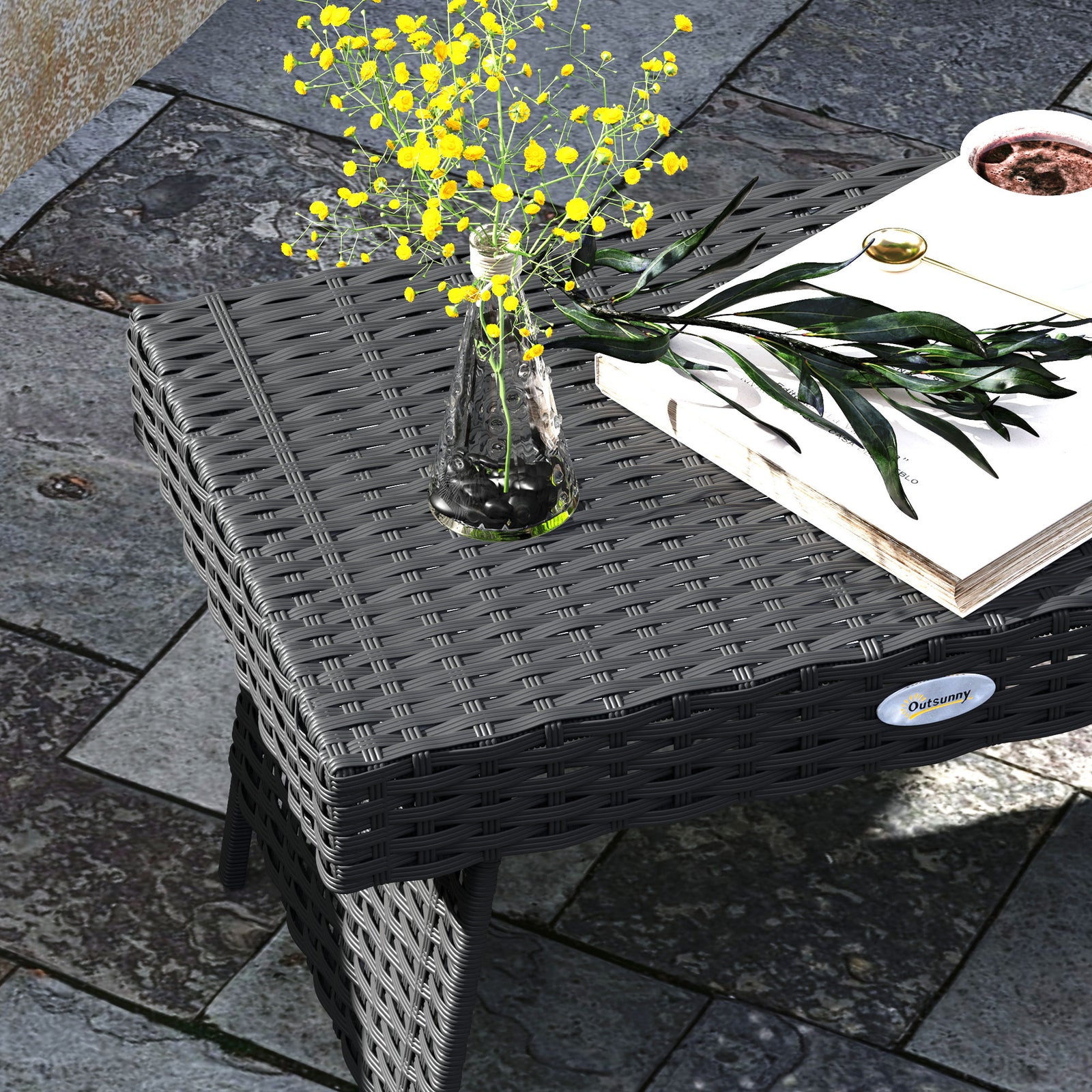 Foldable Outdoor Coffee Table, Steel Rattan Side Table | Black