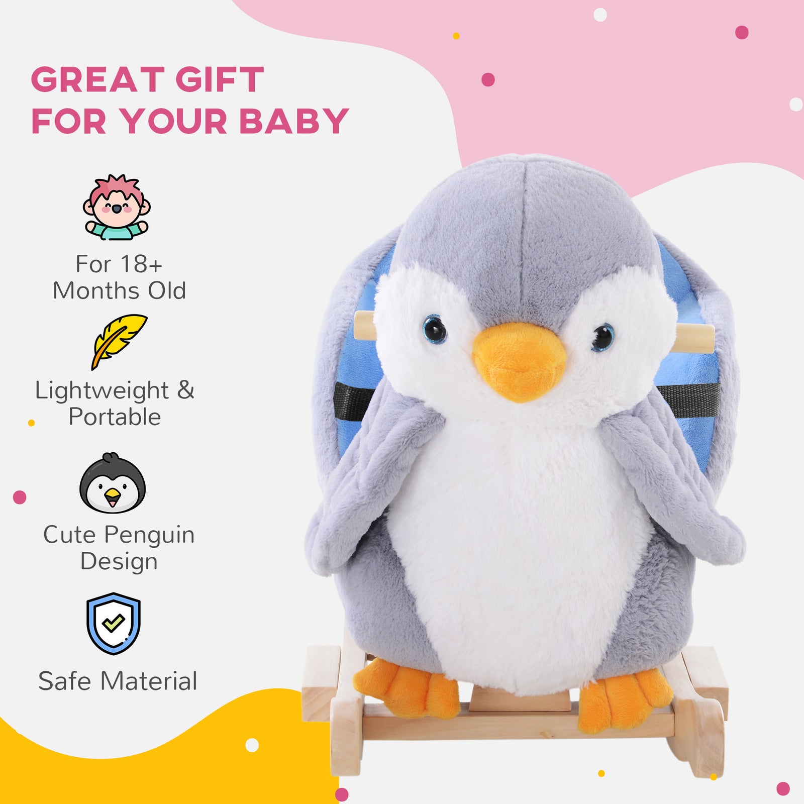 Animal Baby Rocking Horse Penguin Plush Musical Button W/32 Songs Wood