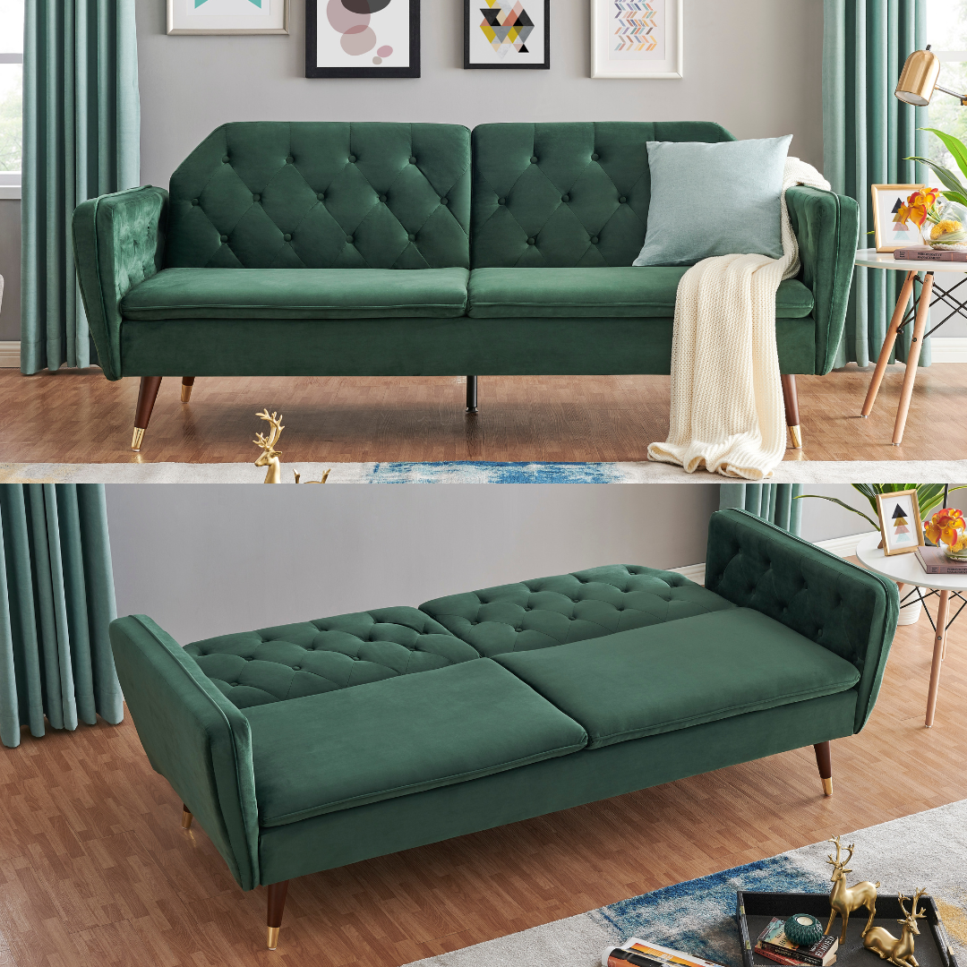 Velvet Click Clack Button Back Sofa Bed - 3 Seater | Green