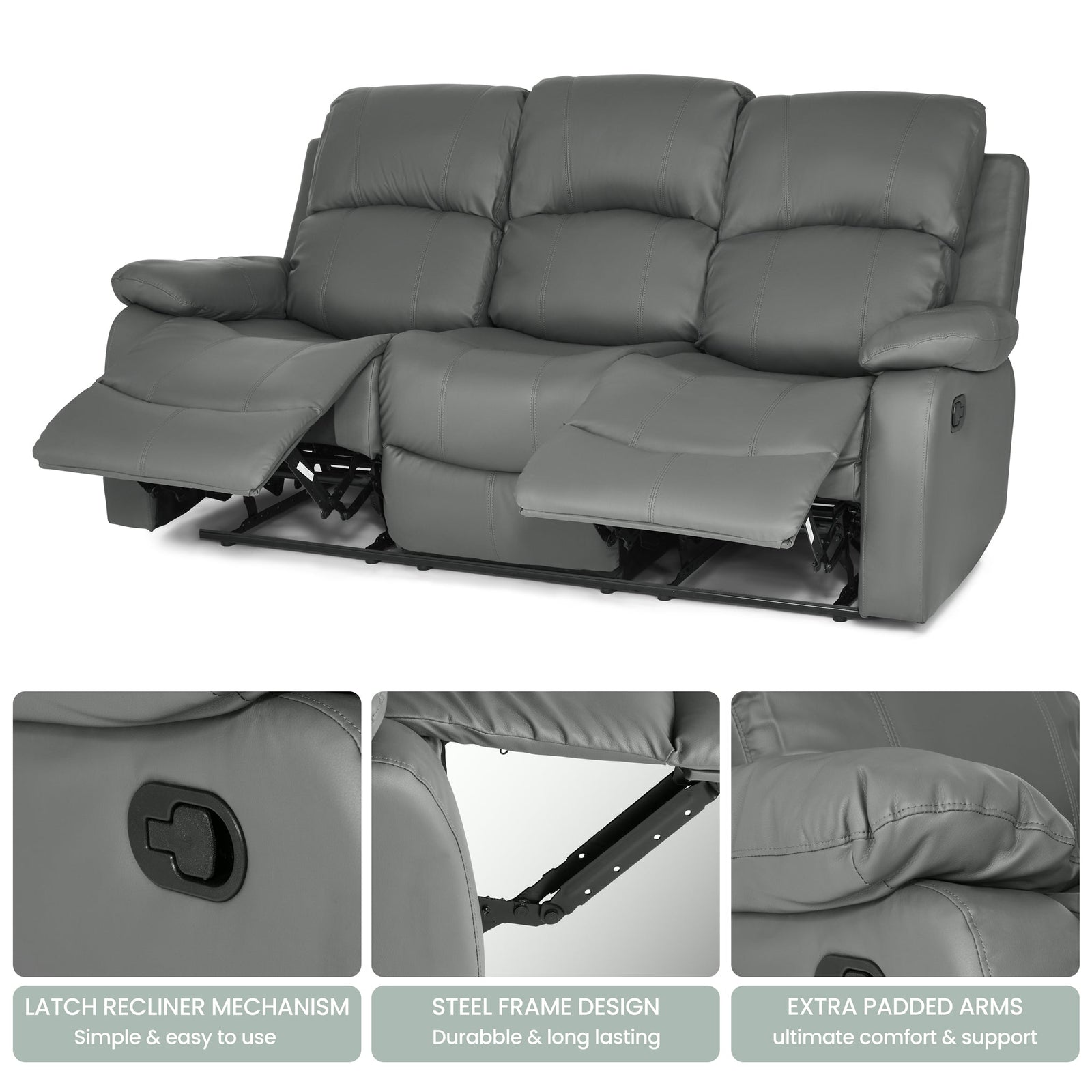 Bonded Leather Recliner Sofa - 3 Seater | Grey