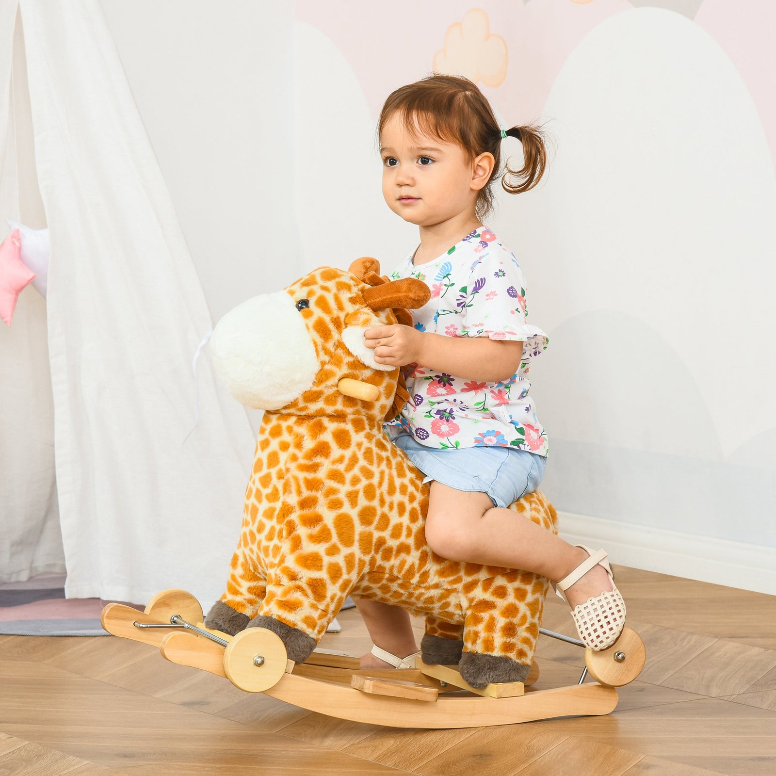 2-in-1 Kids Plush Ride-on Rocking Gliding Horse Giraffe-shaped Yellow