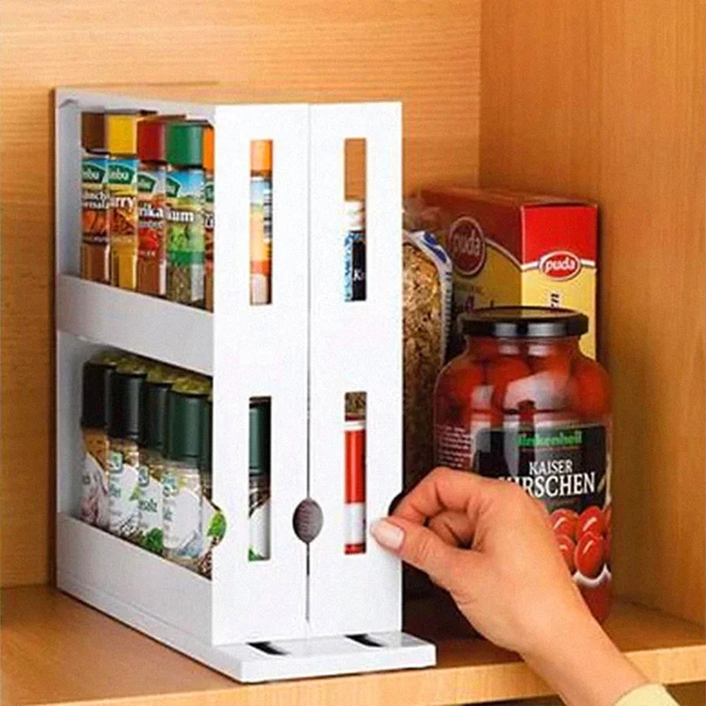 2 Tiers Rotating Jars Spice Rack Kitchen Storage Holder Shelf Cabinet Organizer