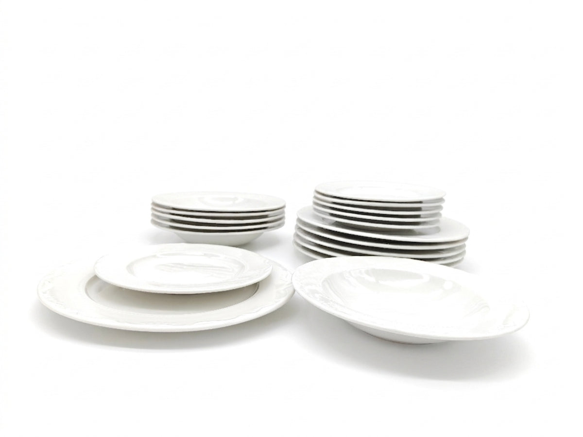 Dinner Set Porcelain White Embossed Floral Dot Rim Plates Bowls | Set of 12 | White