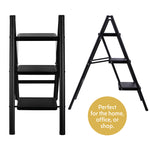 Step Ladder Compact Black, Heavy-duty Steel Folding Step Stool 150kg Capacity | 3 Step | Black