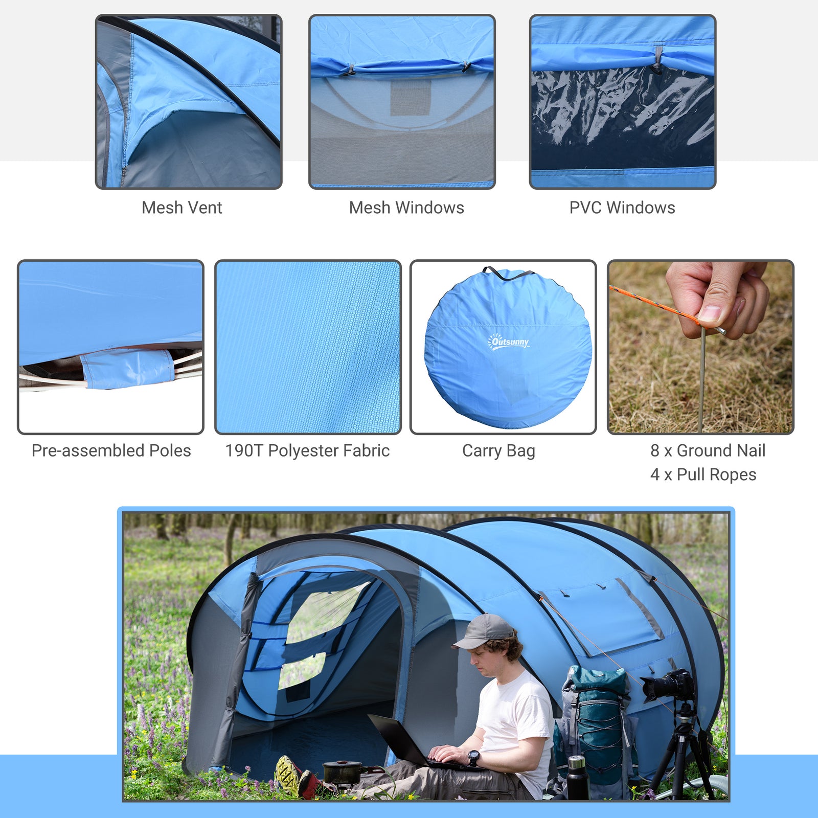 4-5 Person Camping Tent Dome Pop-up Tent  With Windows | Sky Blue