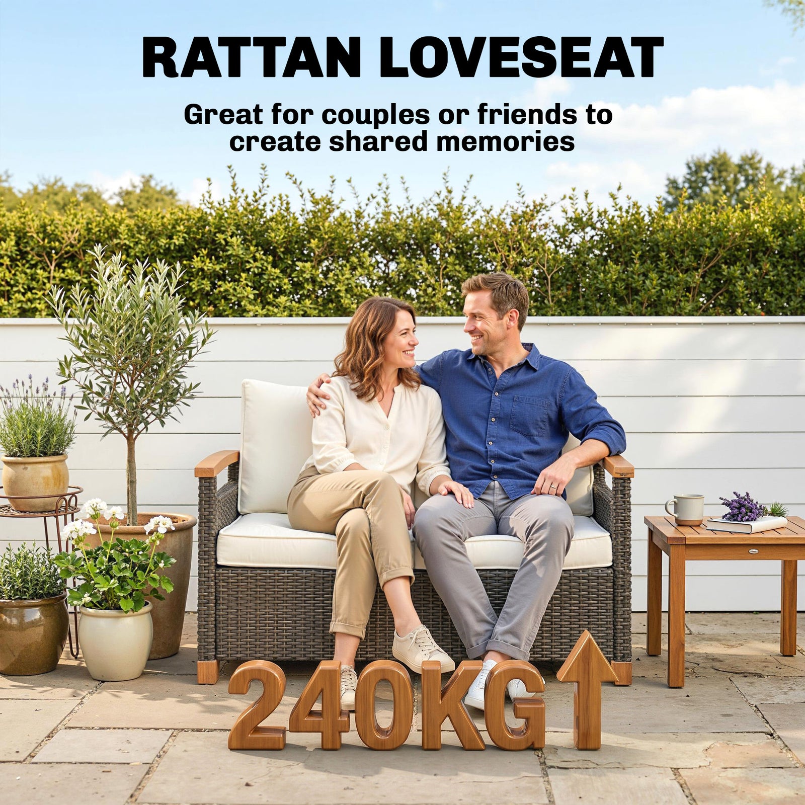 2 Seater Rattan Garden Sofa With Acacia Wood Armrests | Brown