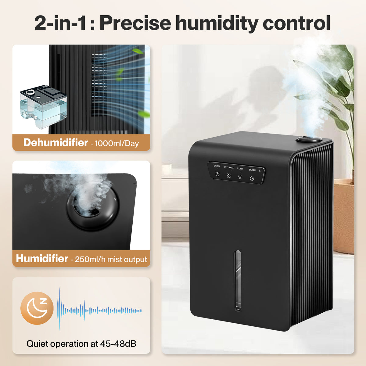 Spector Dehumidifier Humidifier 2 In 1 Portable Electric Led Auto Off Black 3.2l