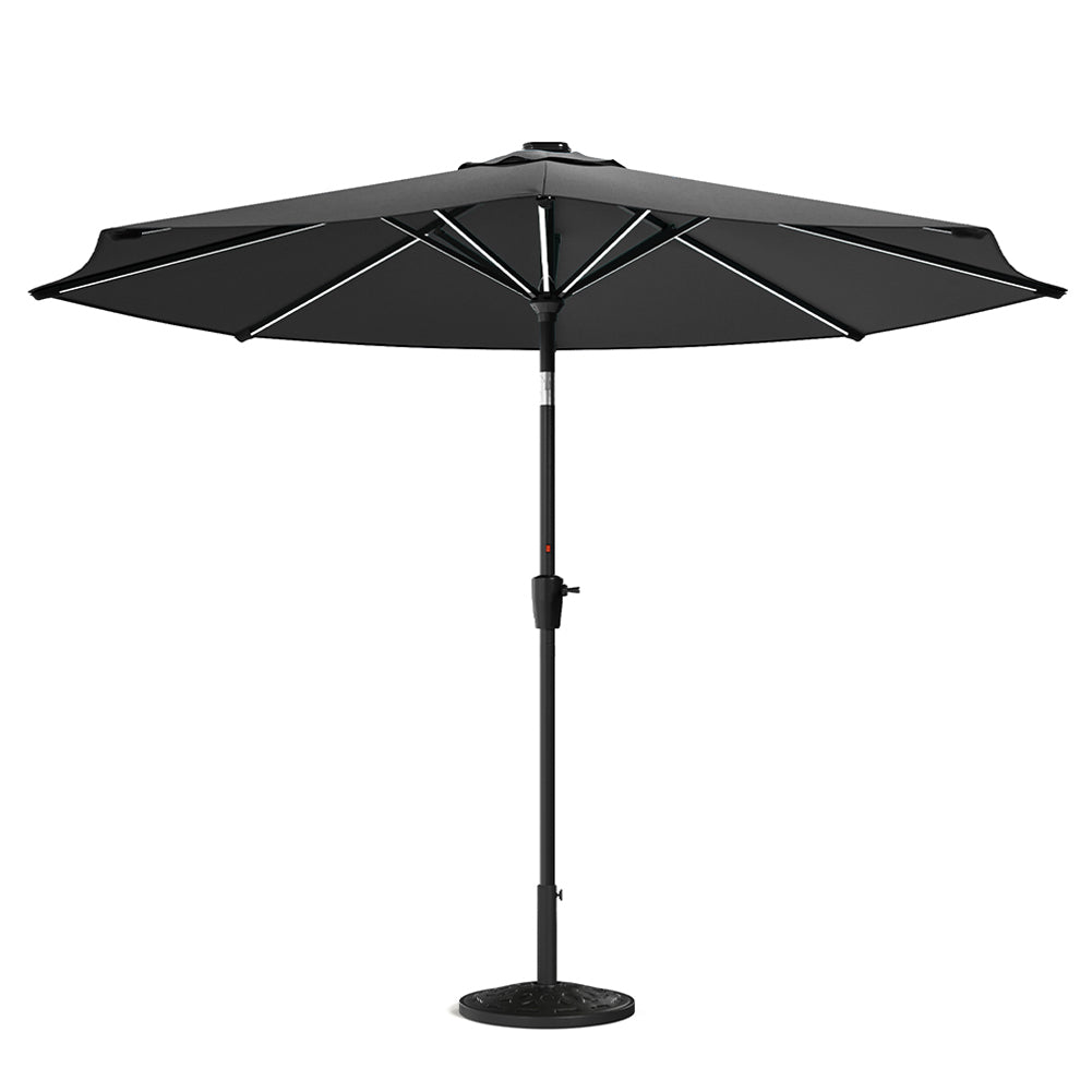 3m Solar Led Patio Umbrella, Outdoor Parasol With 16 Led Tubes, Crank Lift & Push Button Tilt With Resin Base | One Size | Dark Grey