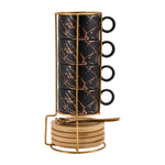 Set Of 4 Ceramic Coffee Cups With Saucers, Spoons & Metal Stand | Black