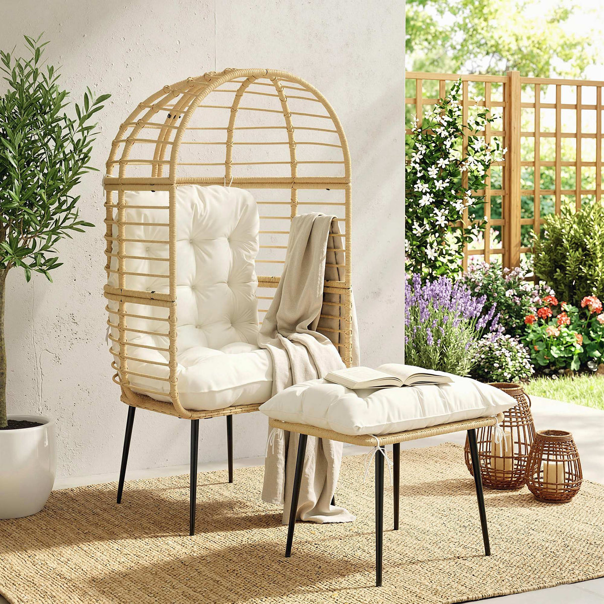 Standing Egg Chair Lounge Chair With Footstool, Cushion | Beige