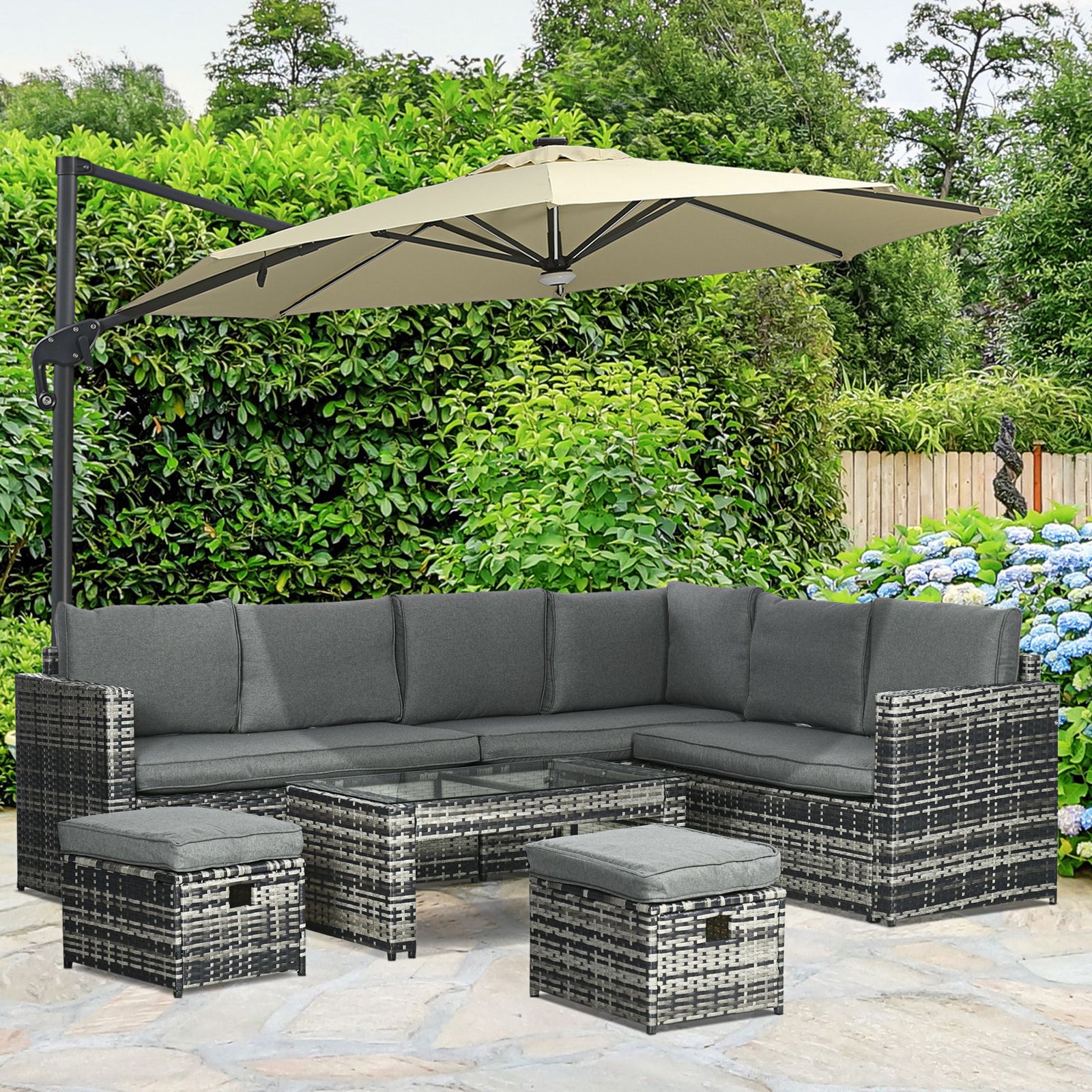 Outsunny 6pc Rattan Set W/ Loveseats Footstools Table Cushions