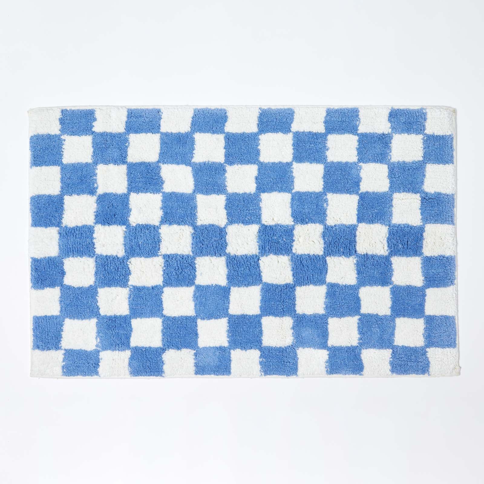 100% Cotton Non Slip Checked Bath Mat | 50 x 80cm | Blue & White