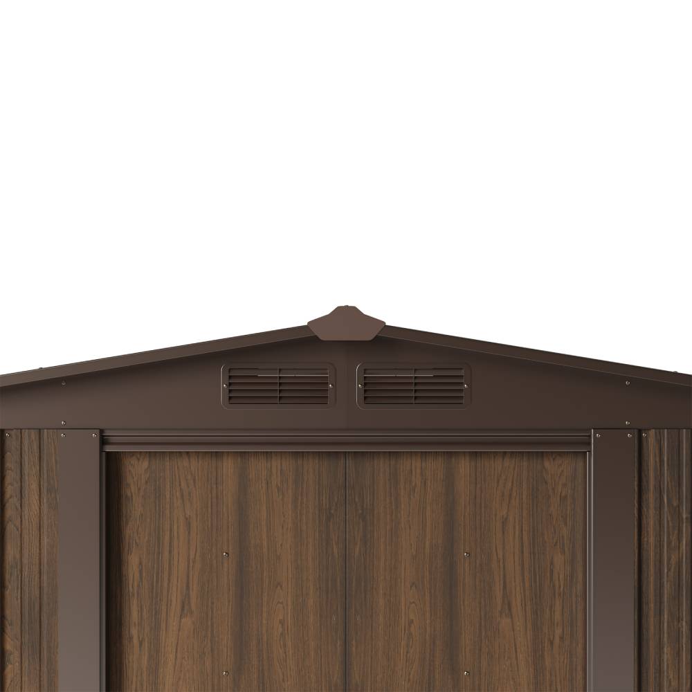 4x8ft Outdoor Metal Storage Shed With With Extra 70cm Firewood Storage – Apex Roof Garden Tool Shed, Double Sliding Doors,brown Wood Grain, Ventilated & Rust-resistant Garden Shed
