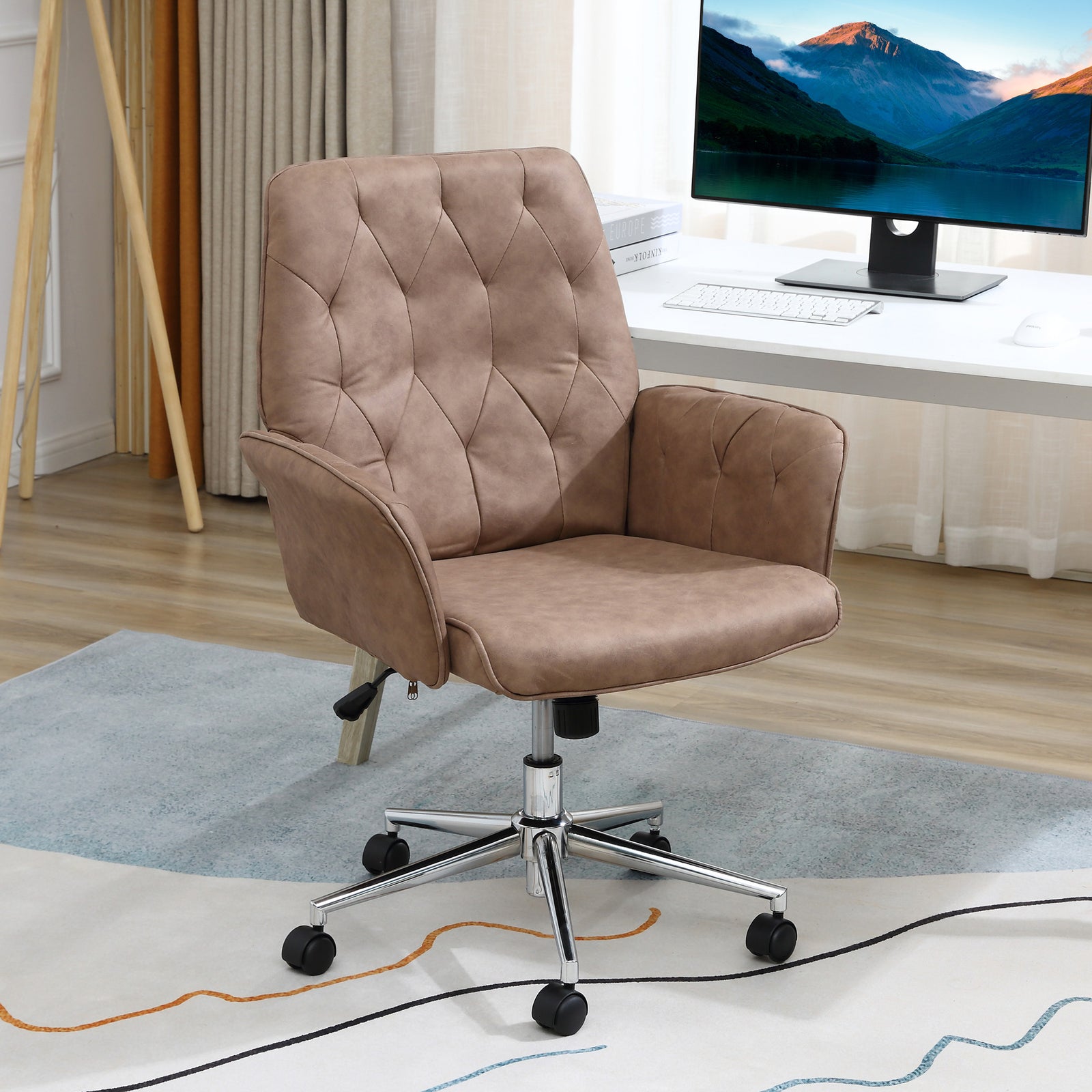 Tufted Computer Chair W/ Armrest | Brown