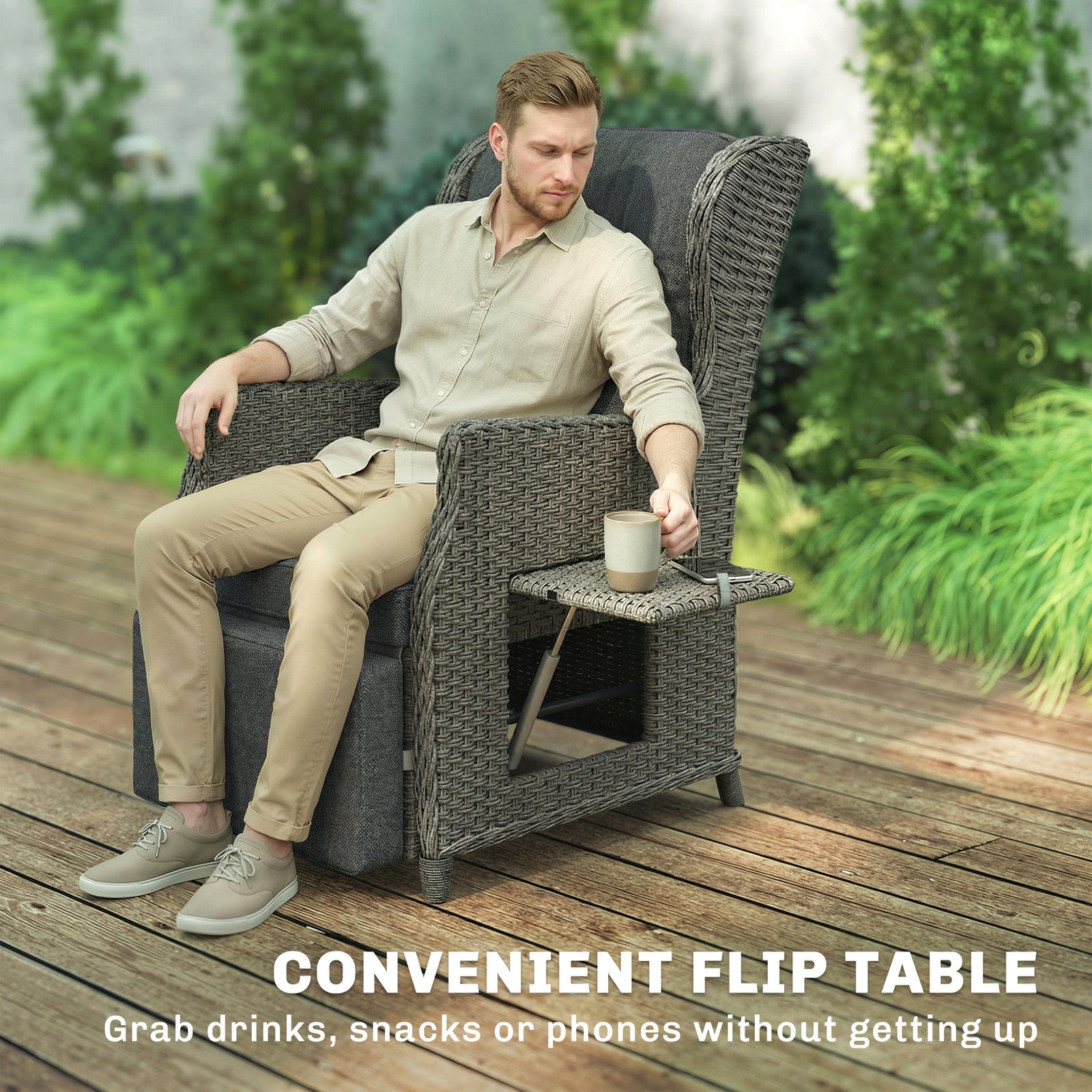 Rattan Garden Recliner Chair With Flip Table | Dark Grey