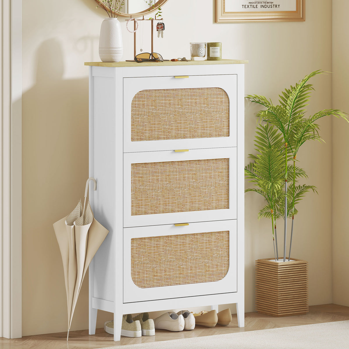 HOMCOM Boho Slim Shoe Cabinet With Rattan Doors