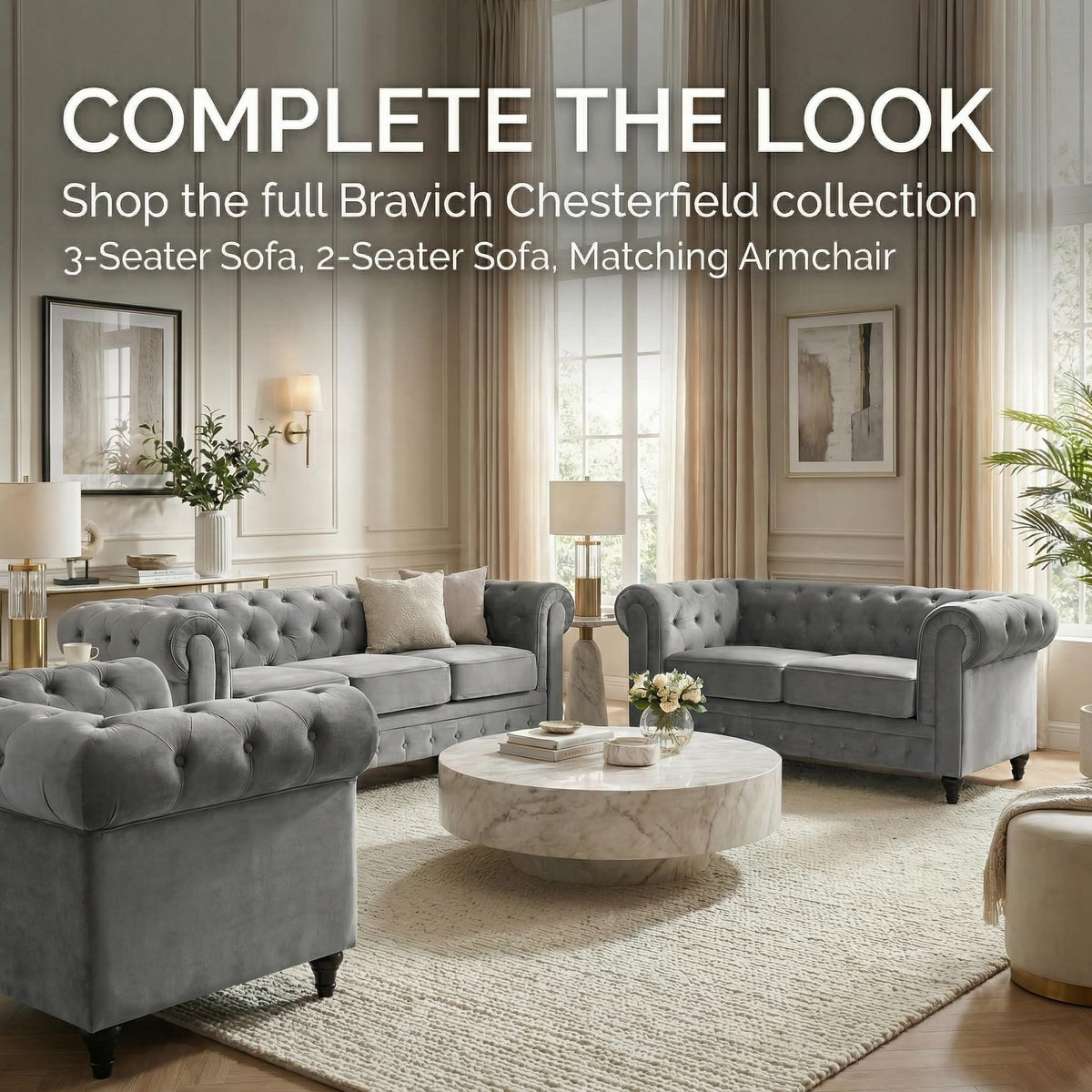 Chesterfield Scroll Arm Velvet Sofa 2 Seater | Grey