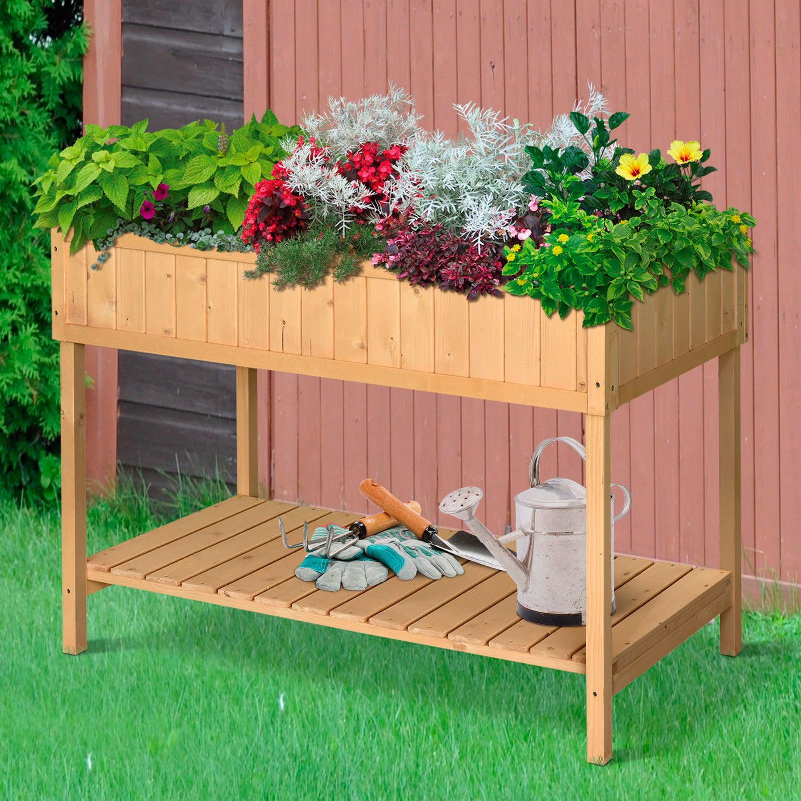 Elevated Wooden Garden Planter Stand With Shelf | Yellow