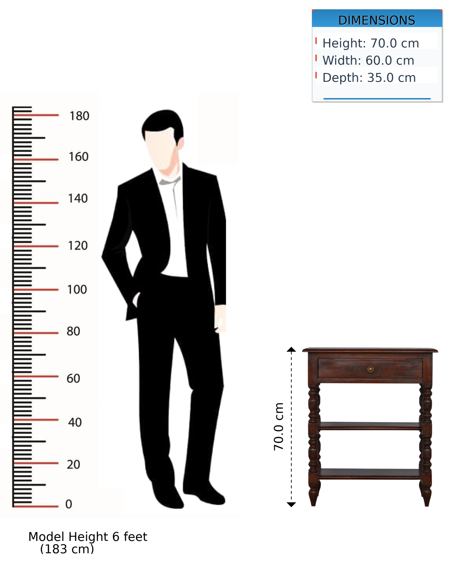 Solid Wood Turned Occasional Table, 1 Drawer and 2 Open Shelves, Dark Brown
