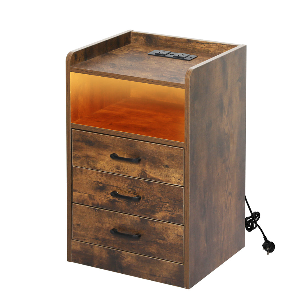 Bedside Table Nightstand Usb Charger Outlet Rgb Led 3 Drawers Oak | Oak