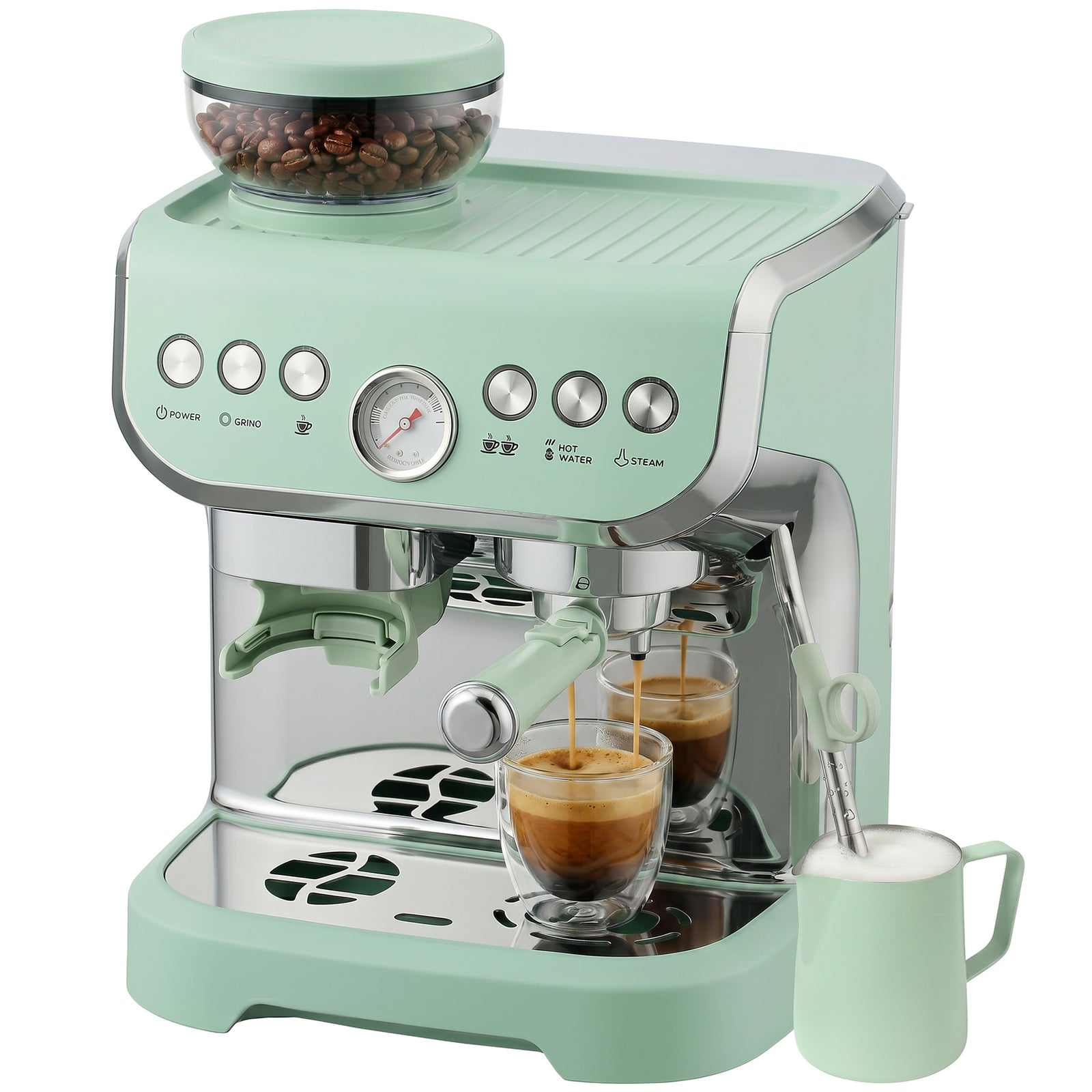 Espresso Machine, Bean Grinder & Steam Wand, 15 Bar Pressure | Light Green