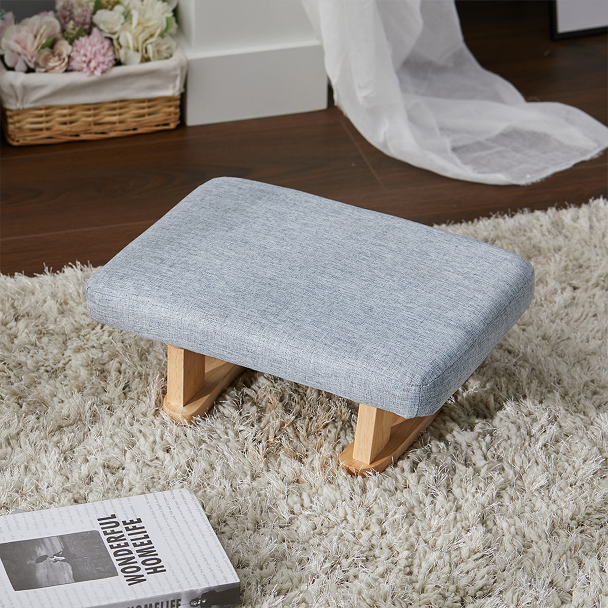 Linen Upholstered Footstool With Wooden Legs | Light Blue