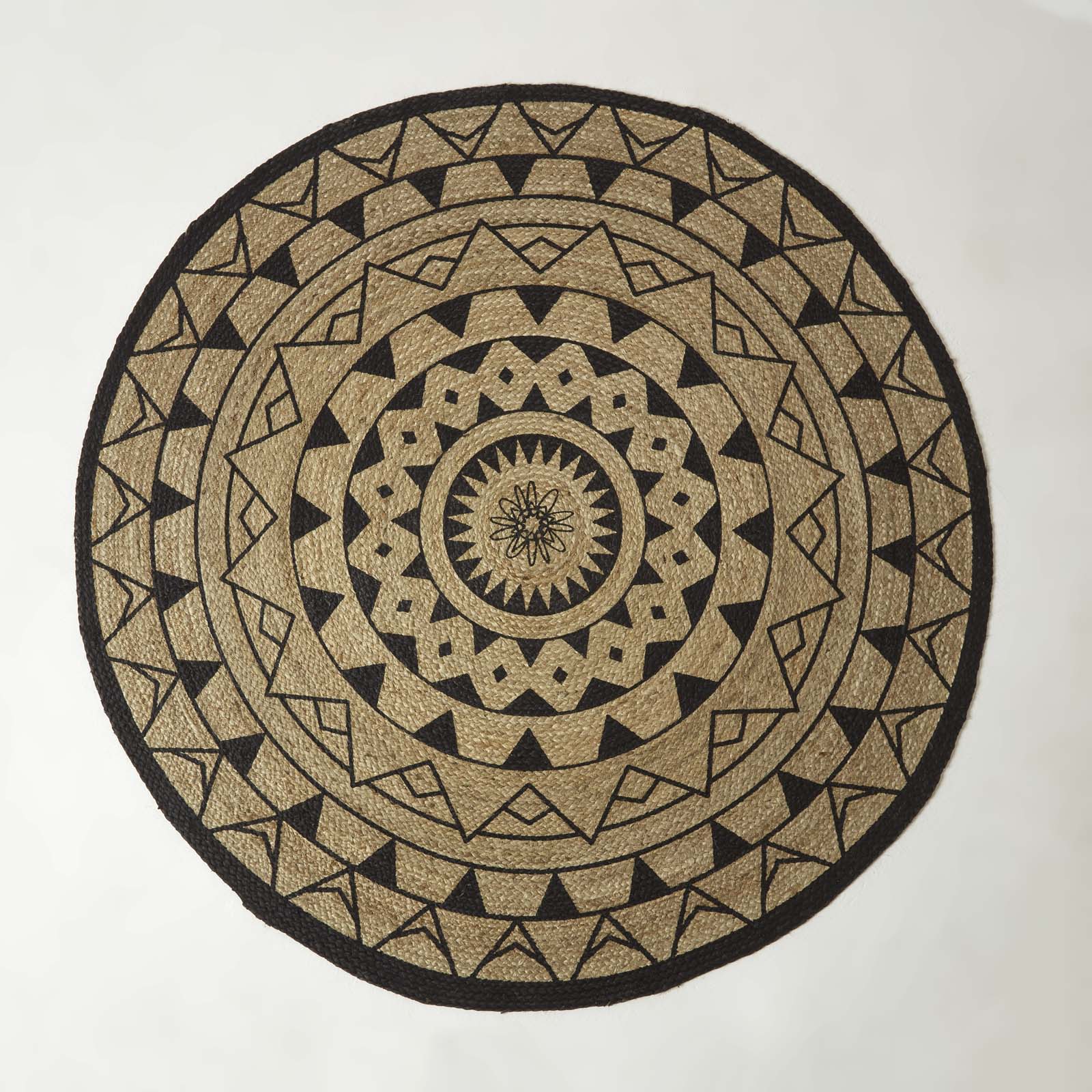 Natural & Black Mandala Braided Jute Rug Round | 200cm | Black