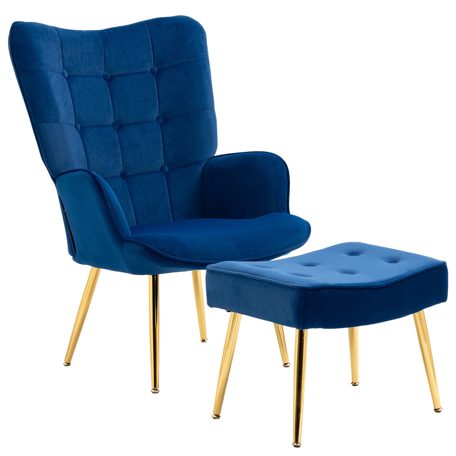 Button Tufted Armchair With Footstool Gold Tone Steel Legs | One Size | Blue