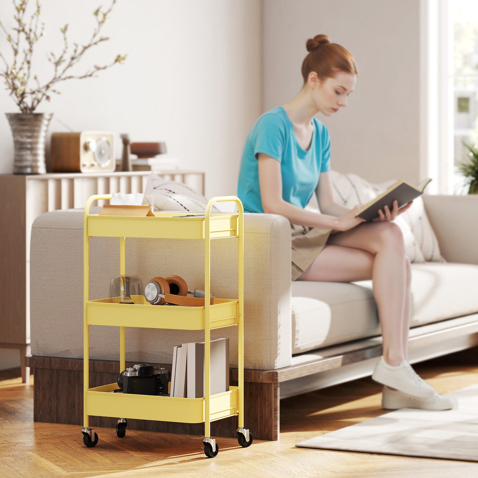 3 Tier Rolling Utility Cart With 3 Mesh Basket | One Size | Yellow