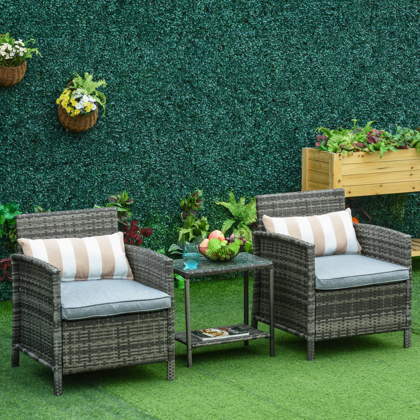 3 Pc Outdoor Rattan Sofa Set W/ Chairs Coffee Table Cushion | Gray