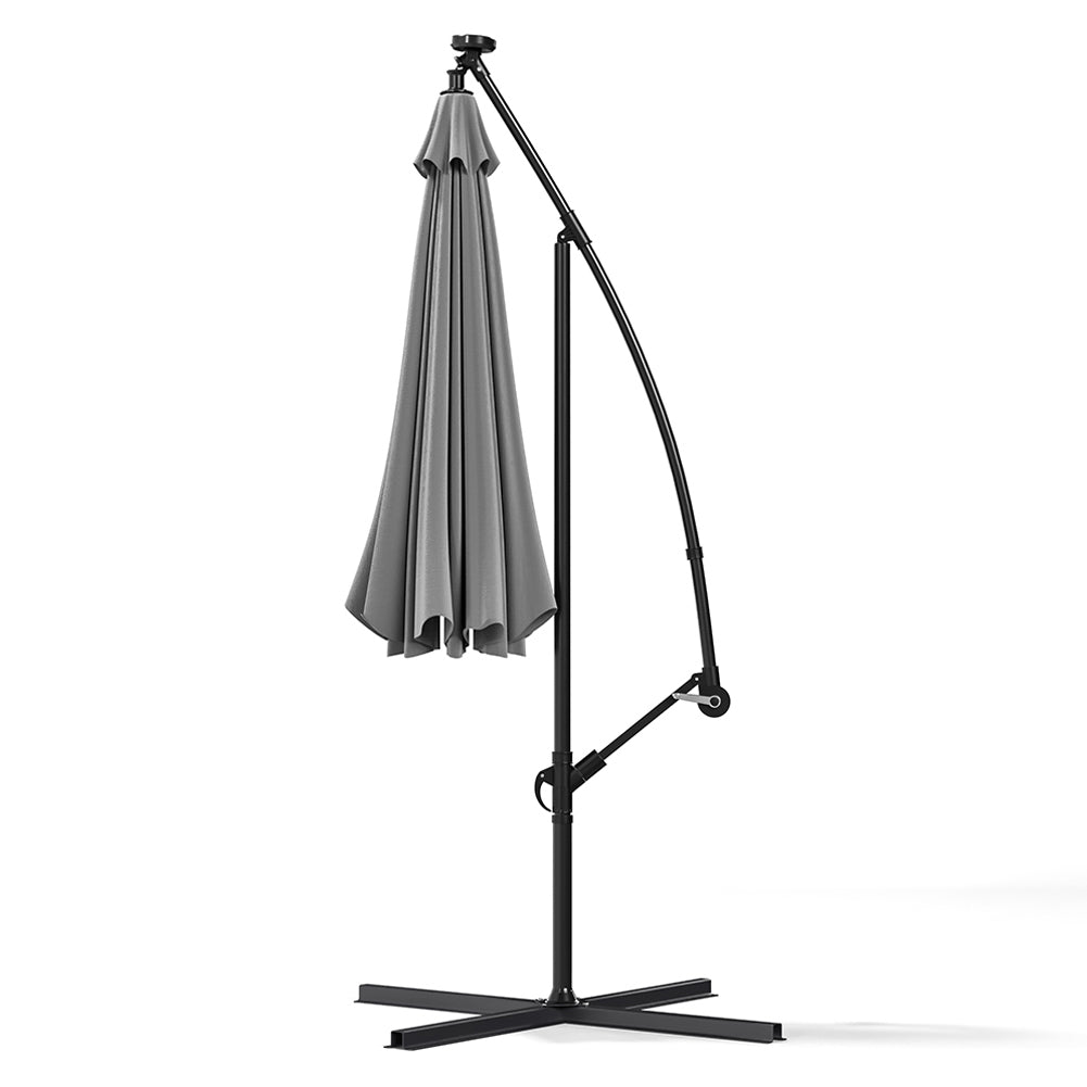 3 M Banana Patio Umbrella Cantilever Garden Parasol With Solar-powered 32 Led Lights, Crank For Opening Closing With Cross Base & Fillable Base | One Size | Light Grey