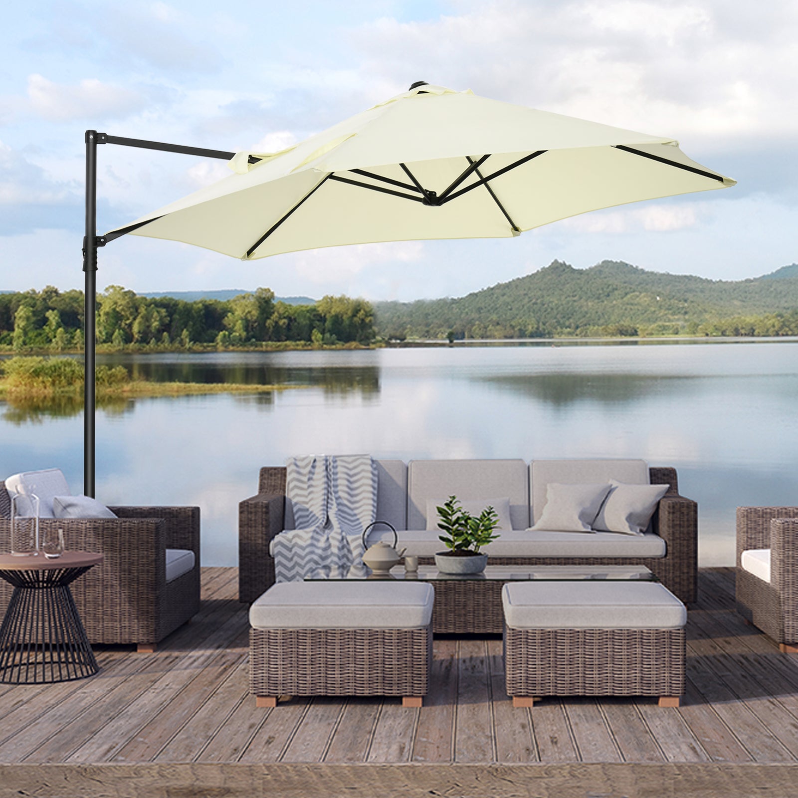 2.5m Cantilever Parasol W/ 360° Rotation, Cross Base | Beige