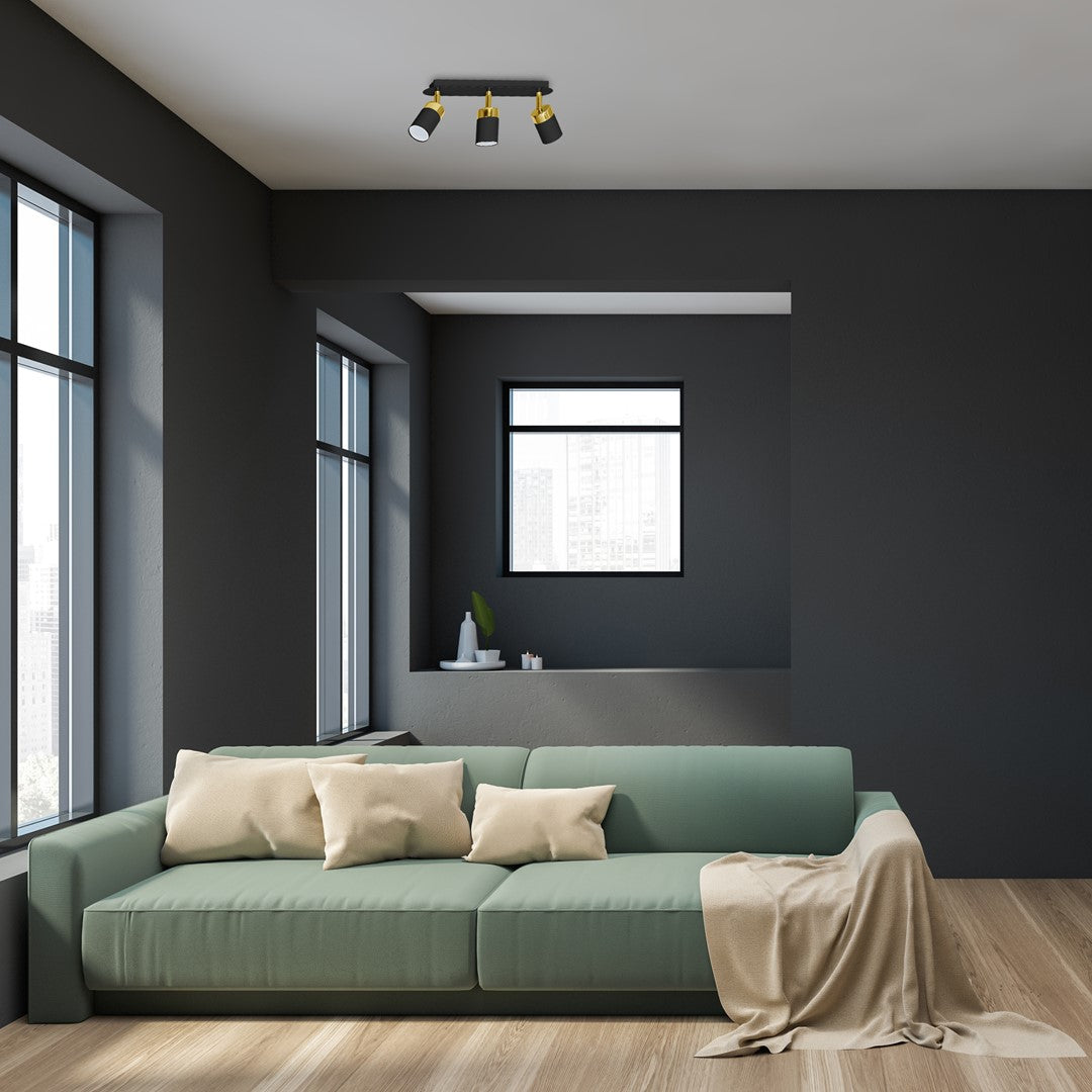Joker Triple Spot Hand Made Ceiling Lamp In Matt Black With Luxurious Gold Detail With Slender Cylindrical Shades