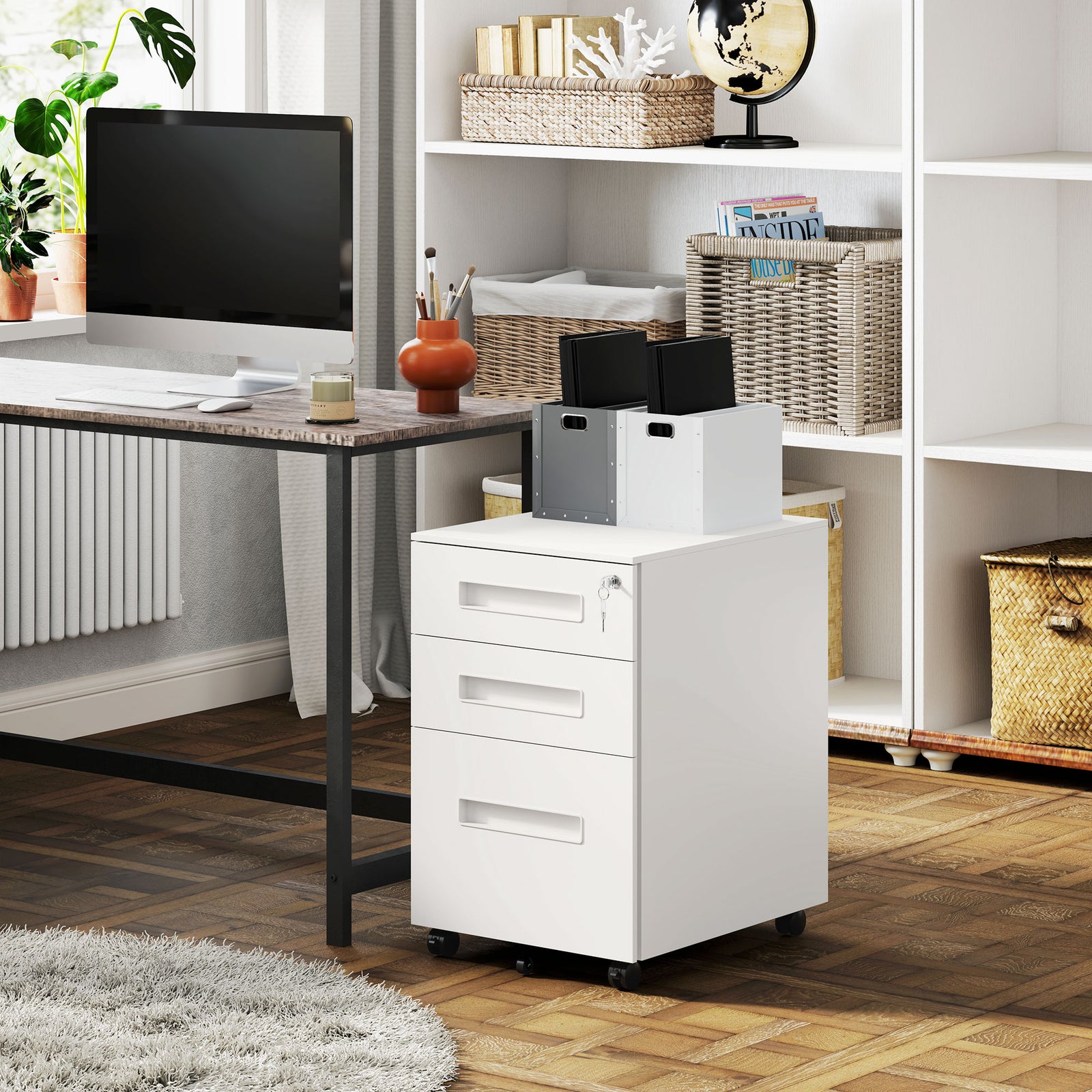 Lockable Mobile Filing Cabinet W/ 3 Drawers | Large | White