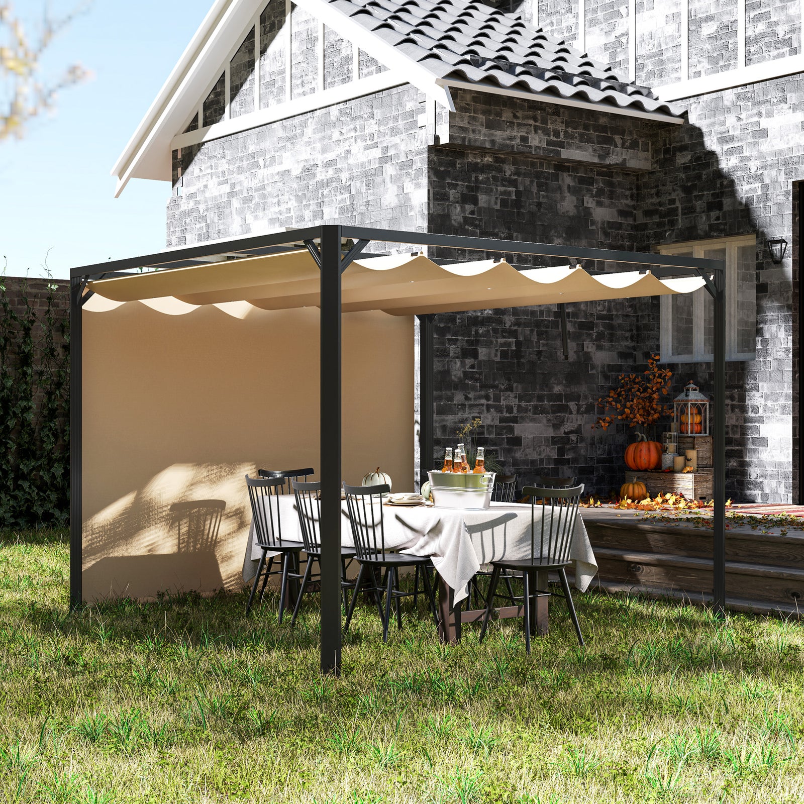 3 X 3(m) Pergola With Retractable Roof & Roller Shade | Khaki