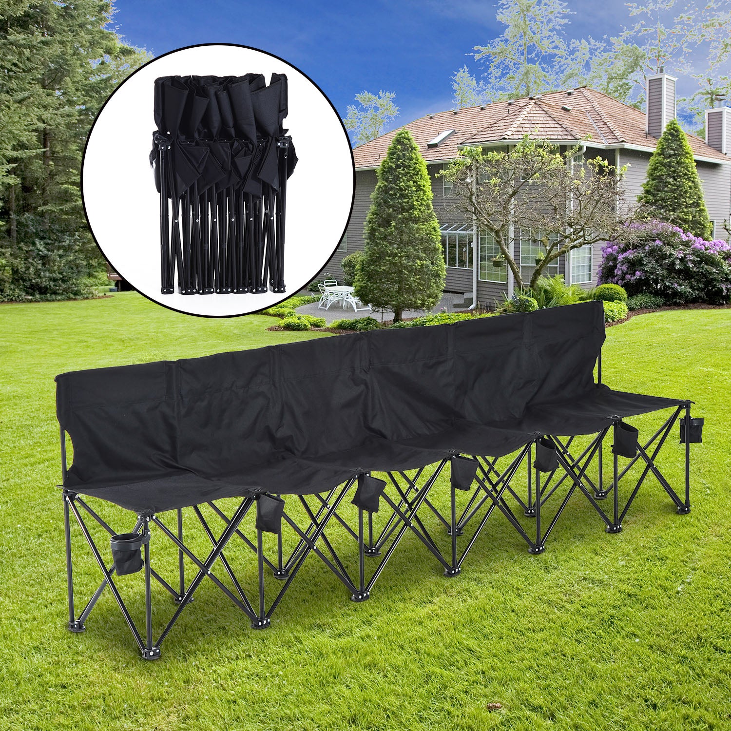 6 Seat Folding Bench Multi Deck Chair Cup Holder Camping | Black