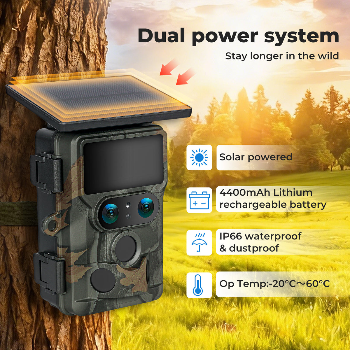 Solar Trail Camera 4k Dual Lens Wifi Bluetooth Night Vision 32gb Card | Camouflage