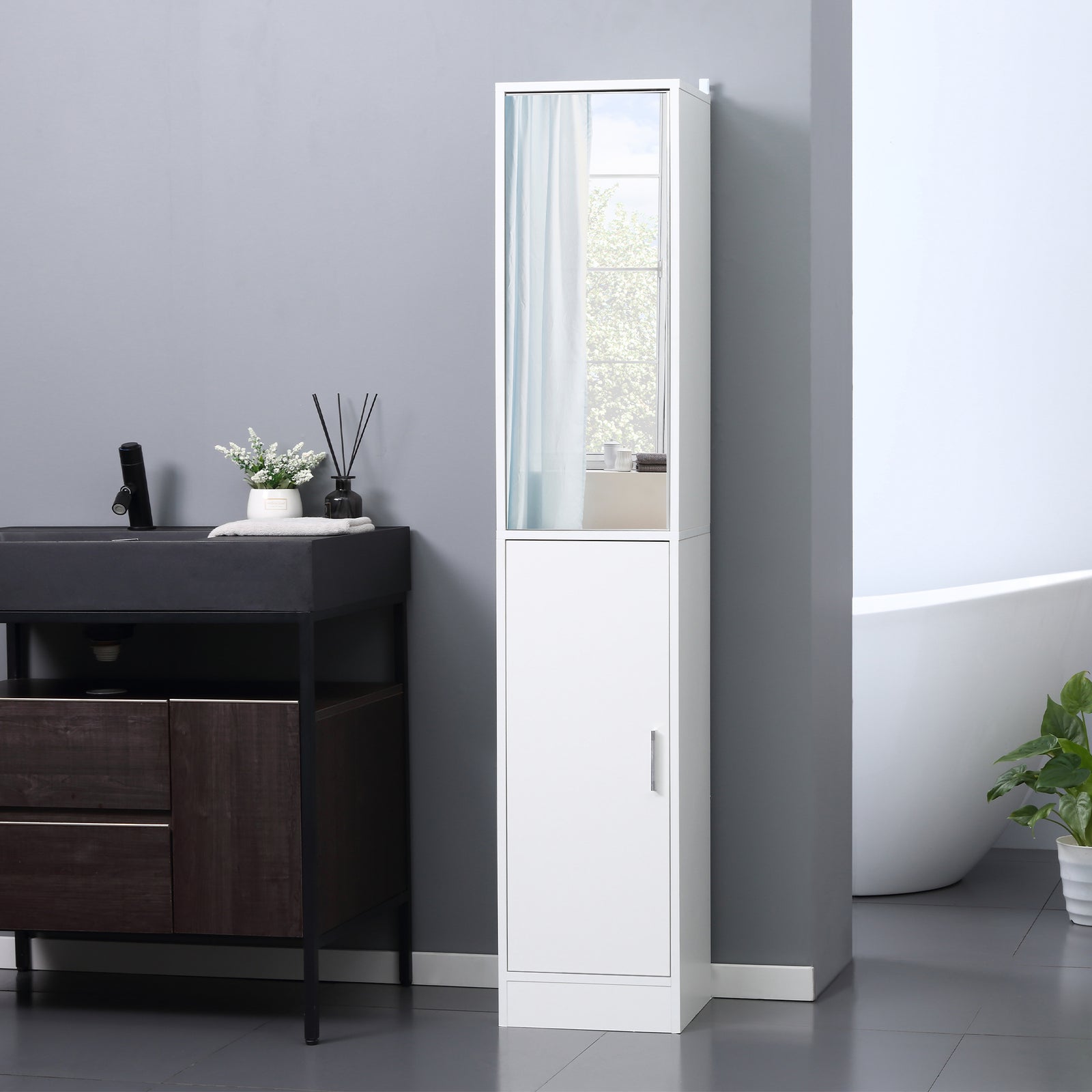 Tall Mirrored Bathroom Cabinet Tallboy Unit Adjustable Shelf