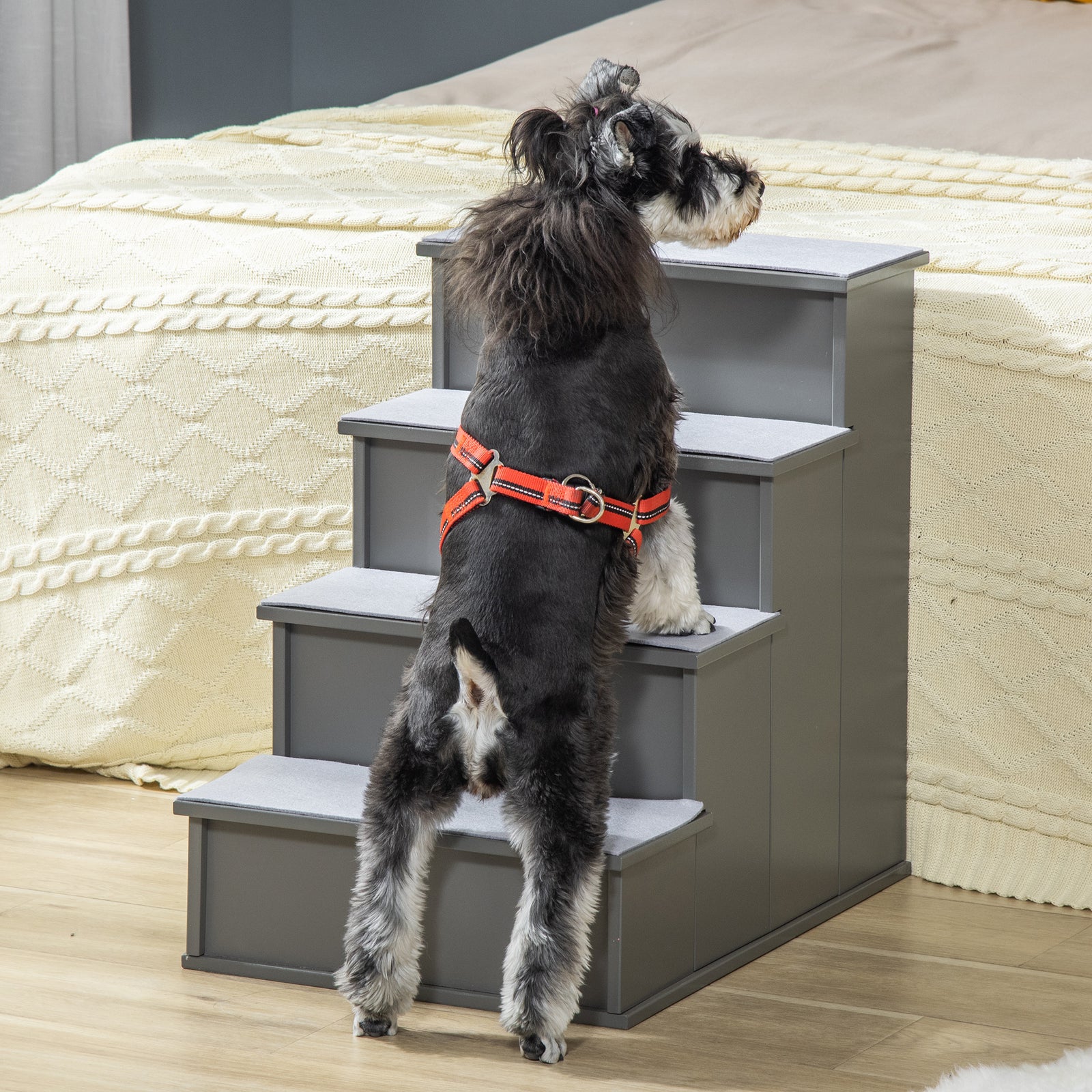 4 Step Wooden Dog Steps Pet Stairs Cat Ladder For Bed Couch | Gray